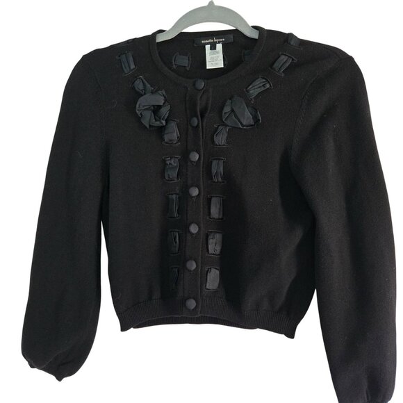 Nanette Lepore Black Covered Button Cropped Cardigan Sweater Silk Ribbon Size S - Picture 1 of 6